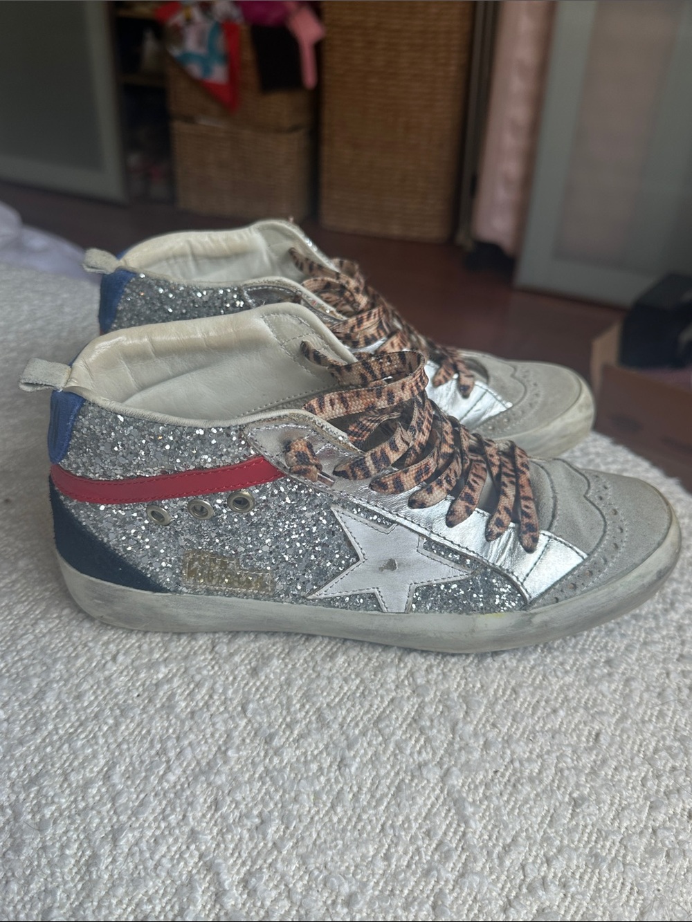 Golden Goose Silver Glitter High-Top Sneakers with Red Stripe and Blue Heel